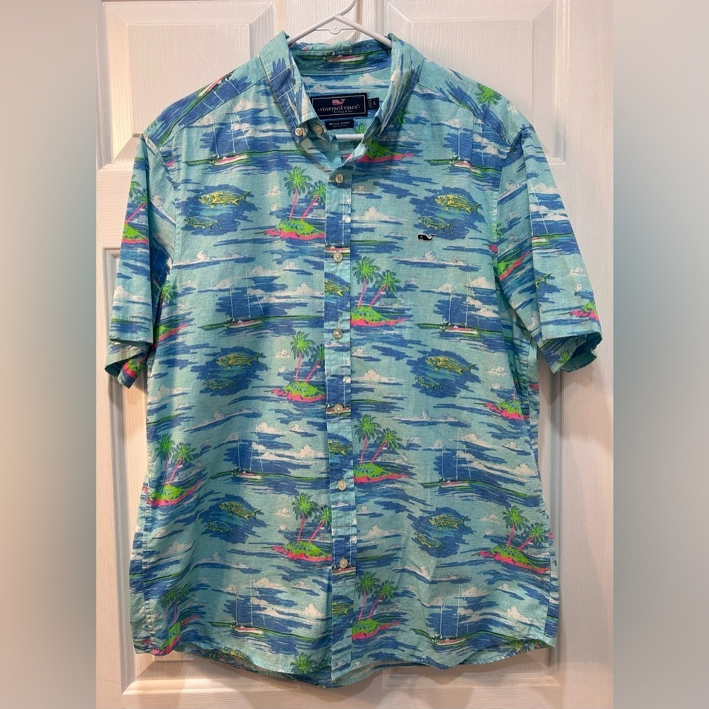 Vineyard Vines Whale Shirt Mens Short Sleeve Button Down Tropical Fish Sz‎ L
